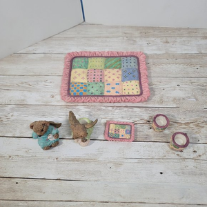 1996 Youngins Teddy Bear Picnic Miniatures Set 6pc Ceramic Ceramic Pastel Colors